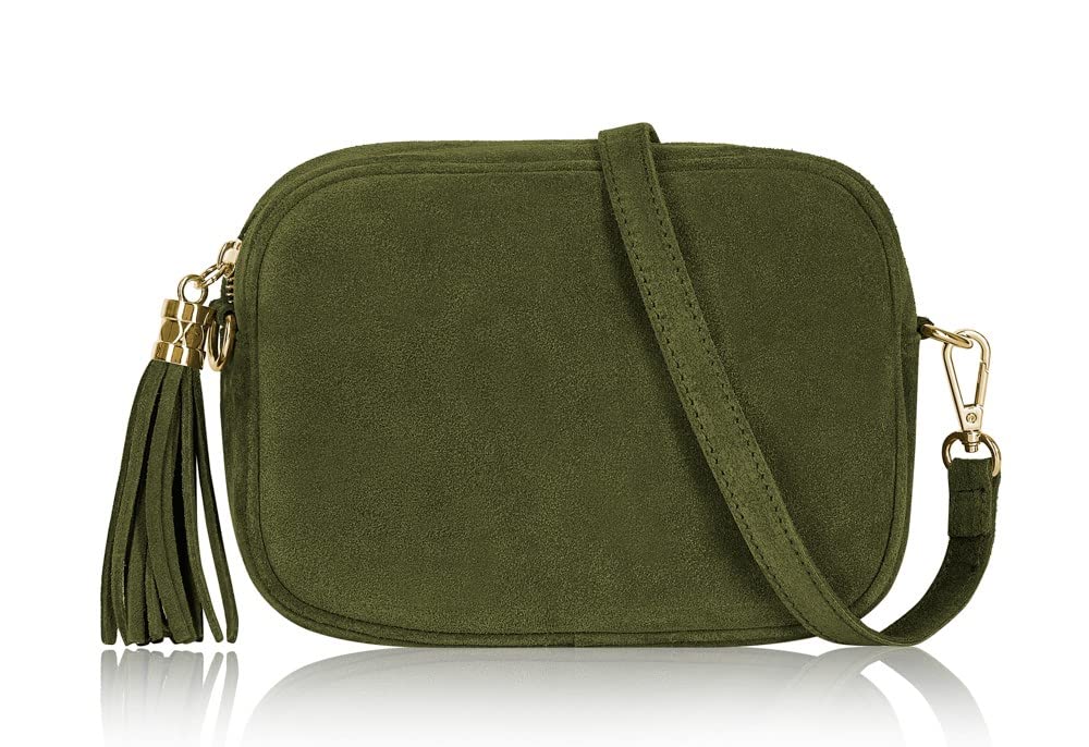 Montte Di Jinne - 100% Made in Italy - Soft Suede Leather Womens Cross Body Bag Shoulder Bag Camera Bag with Tassel key Ring (OLIVE GREEN)