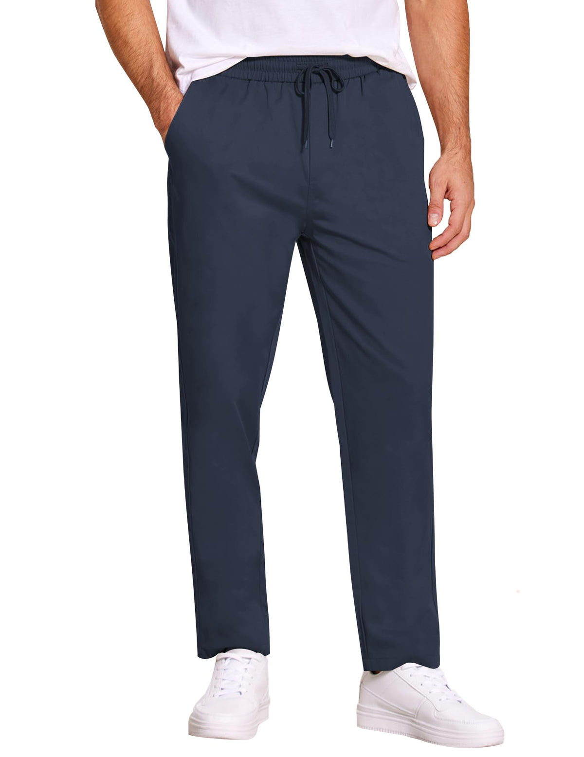 COOFANDY Men's Casual Cotton Pants Regular Fit Elastic Waist Drawstring Twill Pants Straight Leg Chino Pants, Navy Blue, Large