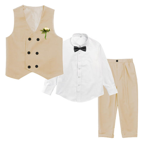 LOLANTA 4-Piece Formal Suit for Boy, Double-Breasted Waistcoat Set, Kids Birthday Wedding Party Occasionwear, Khaki, 12-13 Years, 170