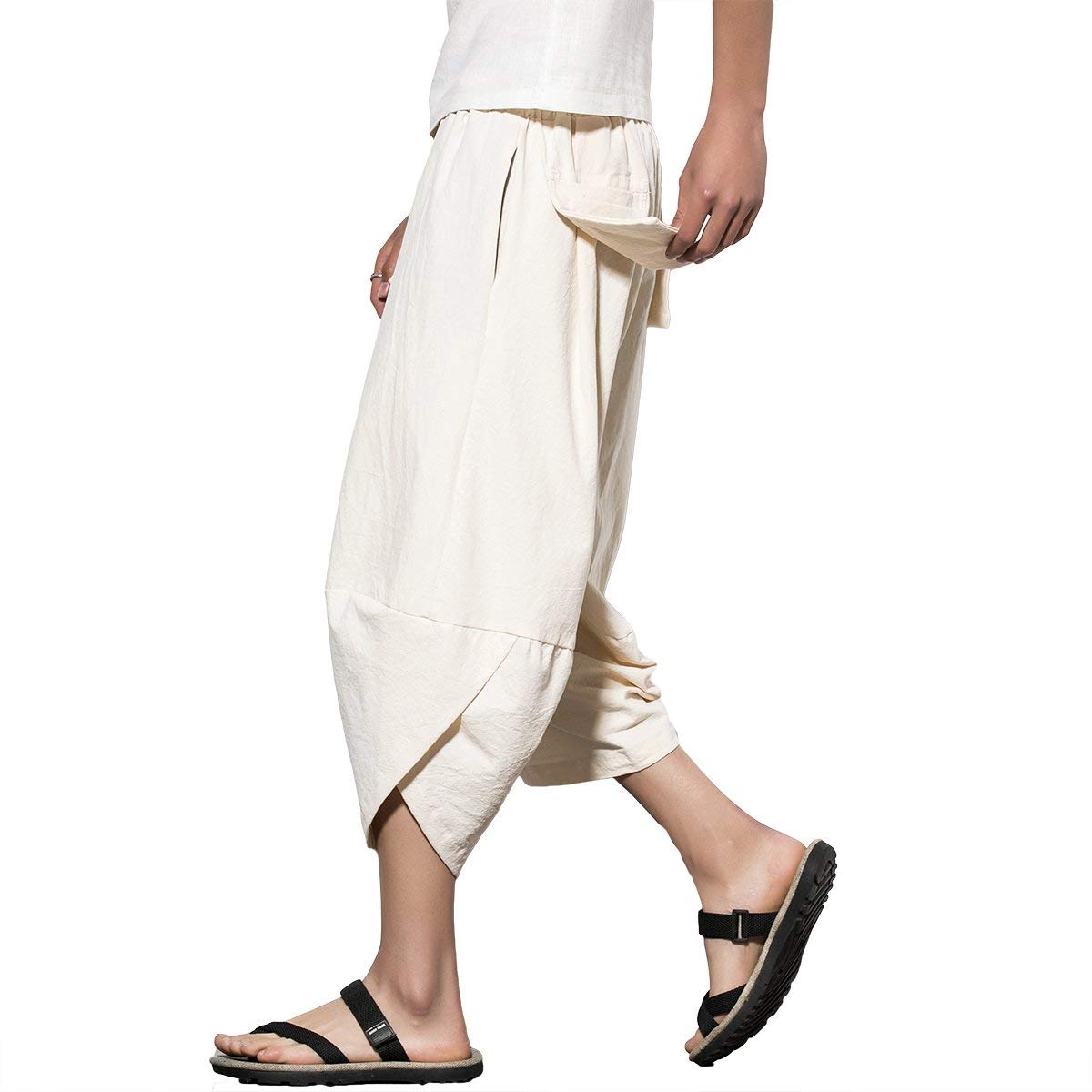 PRIJOUHE Men's Harem Capri Pants, Wide Leg Mens Capris, Summer Linen Pants Beige