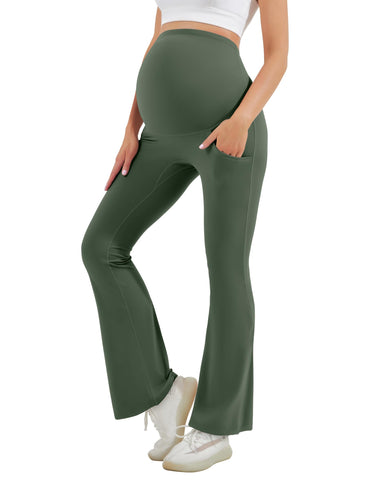 HEGALY Women's Maternity Flare Leggings Over The Belly - Casual Pregnancy Yoga Pants with Pockets Buttery Soft Olive Green