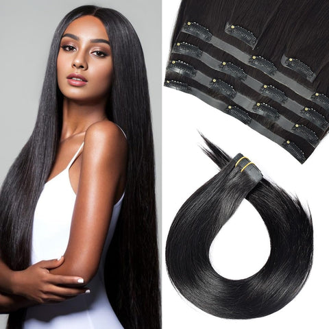Clip in Hair Extensions Real Human Hair Clip ins 100% Brazilian Virgin Hair Straight PU Seamless Clip in Hair Extensions Human Hair Natural Black Hair for Women 100 Gram 6 Pcs 20 Inch