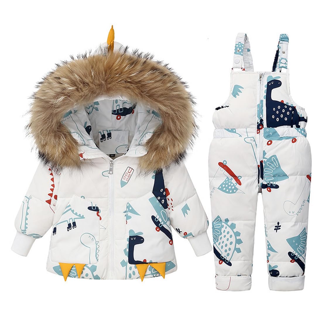 Acuryx Toddler Boys Girls Snowsuit 2 Pieces Winter Dinosaur Print Zipper Hooded Puffer Jacket and Snow Overalls Set White 3-4 Years Old