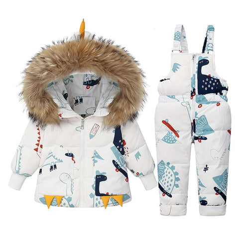 Acuryx Toddler Boys Girls Snowsuit 2 Pieces Winter Dinosaur Print Zipper Hooded Puffer Jacket and Snow Overalls Set White 3-4 Years Old