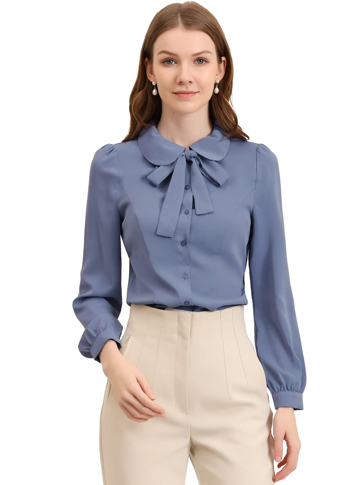 Allegra K Women's Peter Pan Collar Blouse Bow Tie Neck Vintage Button Up Shirt, Dusty Blue, S