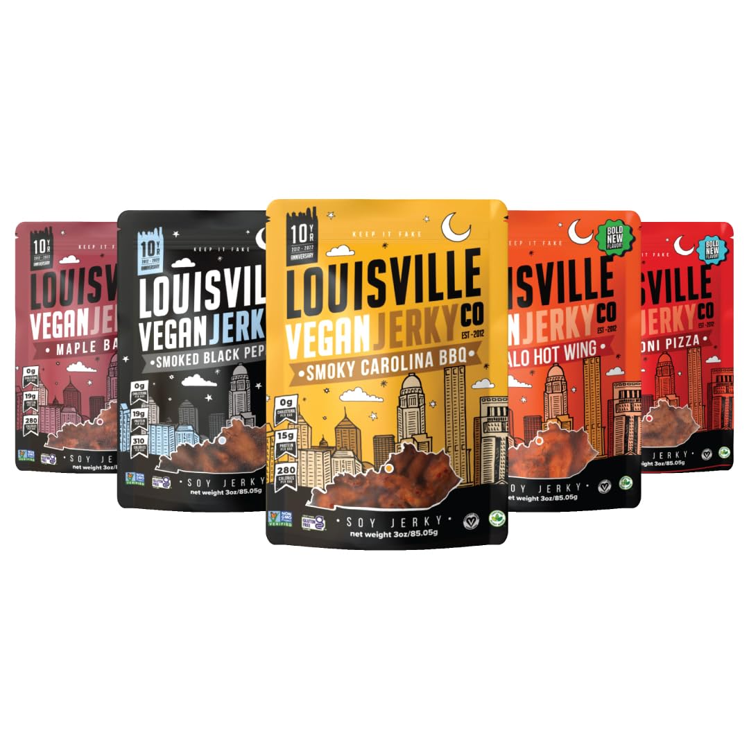 Louisville Vegan Jerky - Variety Pack, Vegan Jerky, 15-21 Grams of Protein, Gluten-Free Ingredients, Includes Black Pepper, Perfect Pepperoni, Maple Bacon, Carolina BBQ, & Buffalo Dill (3 oz, 5-Pack)