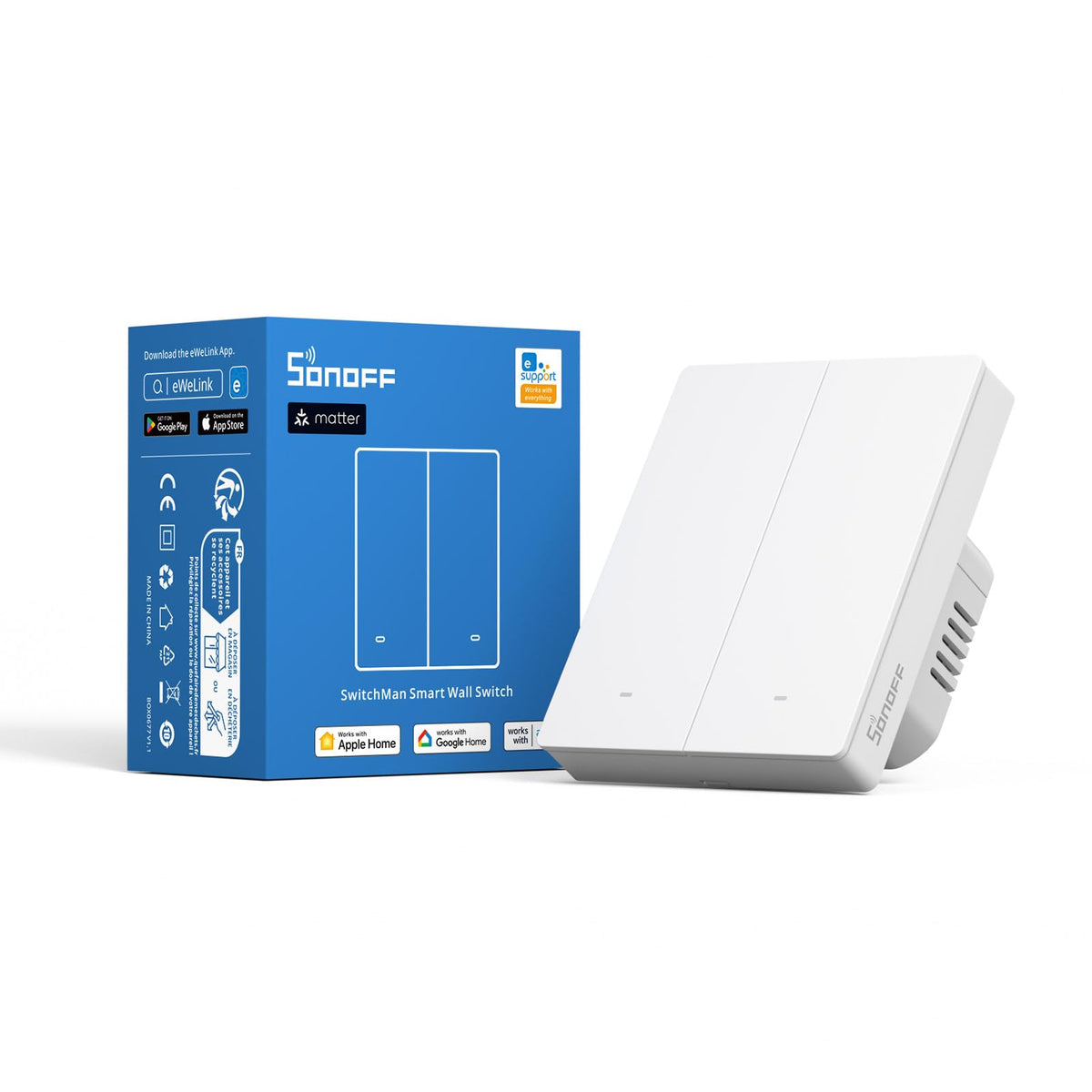 SONOFF Matter Smart Light Switch, 2.4GHz WiFi SwitchMan Smart Wall Switch, Neutral Wire Required Interruptor Inteligente, Alexa Light Switch Compatible with Alexa and Google Home, 2 Gang, M5-2C-80W