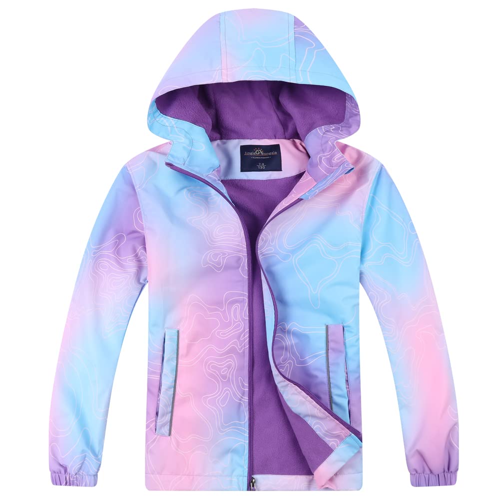 Jingle Bongala Kids Waterproof Rain Jackets Lightweight Raincoats Fleece & Knitted Lining Hooded Windbreaker for Boys Girls-Fleece-Bluish Purple -160