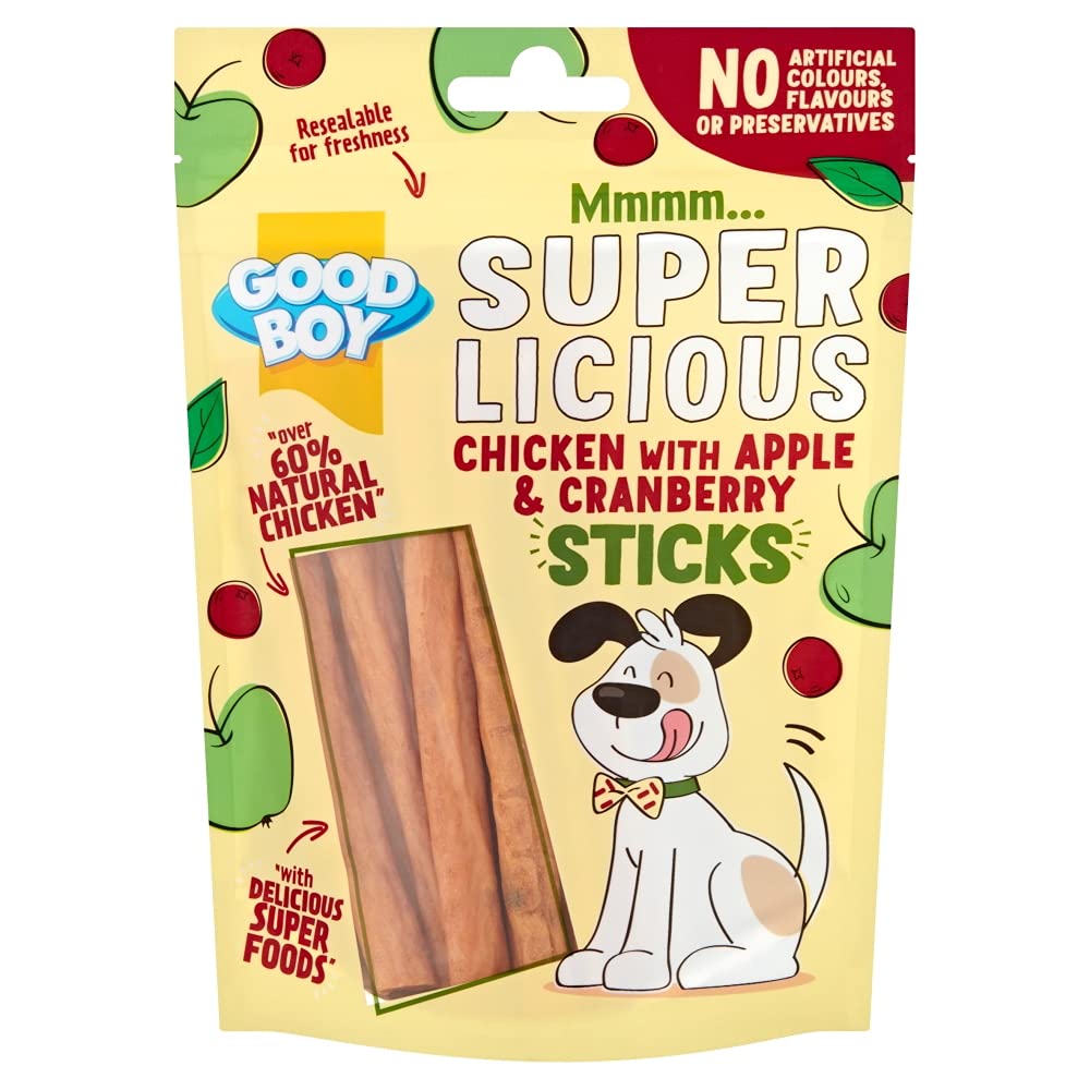 GOODBOY SUPER LICIOUS NATURAL MEAT DOG PUPPY TREAT SOFT CHEW STICKS,CHICKEN WITH APPLE & CRANBERRY, CHICKEN WITH BROCCOLI & SWEET POTATO, 100G (CHICKEN WITH APPLE & CRANBERRY, 1 PACK)