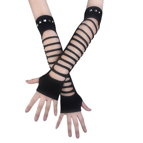JISEN Punk Studded Ripped Torn Knitted Soft Arm Warmer Fingerless Gloves Black