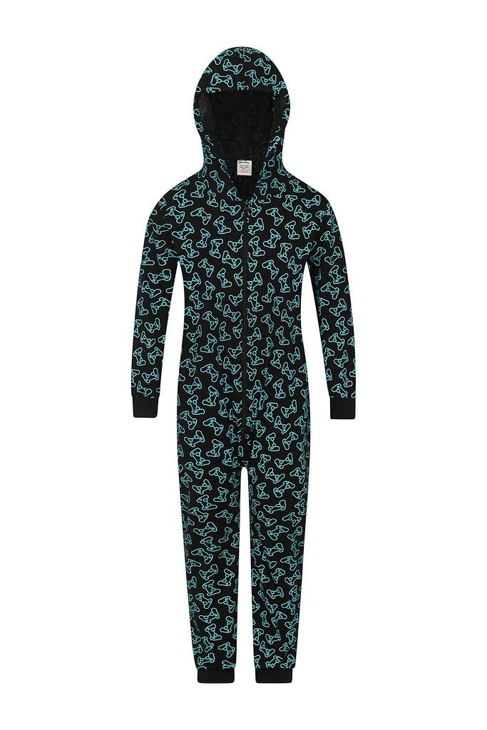 ThePyjamaFactory Boys Gamer On Duty Gaming Sleepsuit Black Blue All In One Cotton Onesie (7-8 Years)