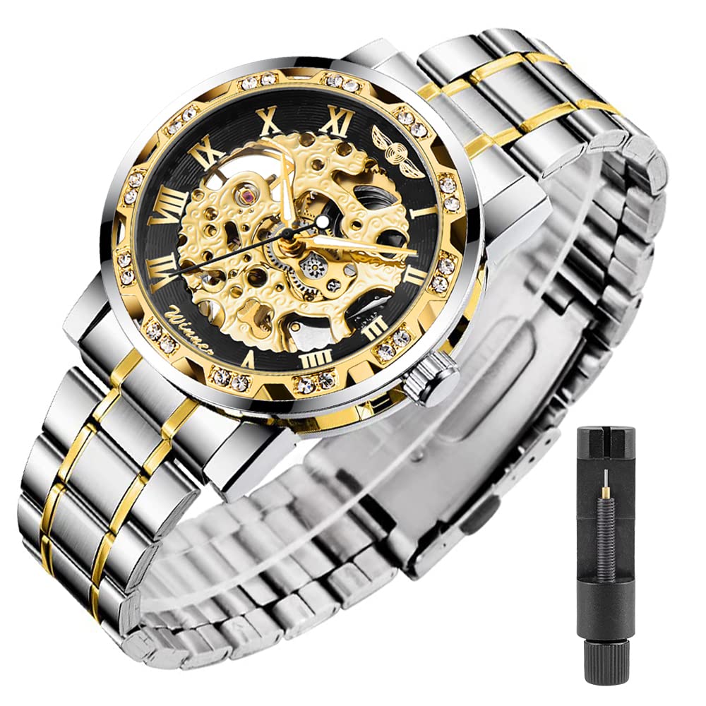 Tiong BOSNI Watches, Men's Watches Mechanical Hand-Winding Skeleton Classic Business Fashion Stainless Steel Steampunk Dress Watch, S1089-Gold Black
