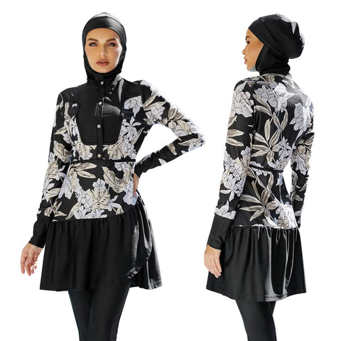Muslim Swimsuits for Women Modest Islamic Arabic Swimwear Burkini Full Cover Hijab Long Sleeve Muslim Dress Top Pants Set with Swim Cap Sun Protection Rash Guard Bathing Suit Black Floral - Button XL