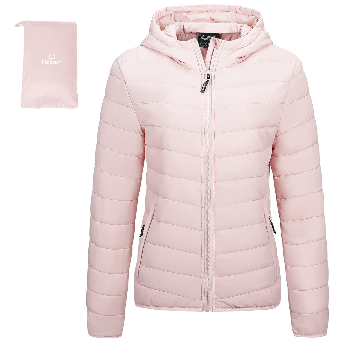 Outdoor Ventures Womens Winter Lightweight Puffer Jacket with Hood Warm Short Packable Quilted Jacket Transitional Padded Down Jacket for Ladies Lined for Hiking Travel, Pink 2XL