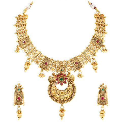 Aheli Ethnic Gold Plated Beads Stone Studded Choker Necklace with Drop Earring Wedding Fashion Traditional Jewelry Set Gift for Women