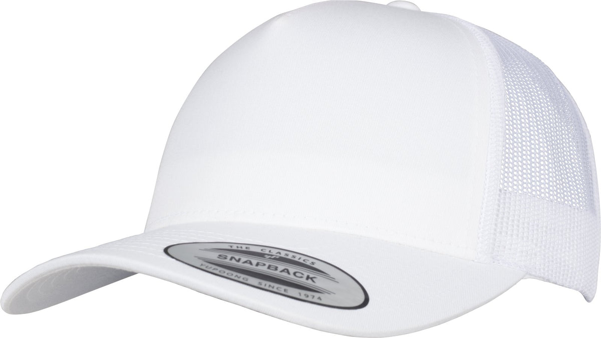FLEXFIT Trucker Cap, Classic Trucker Hat, Baseball Trucker Cap with 5-Panel and Mesh Back, Adjustable Baseball Hat with Plastic Closure, Headwear, Unisex, Colour: White, Size: One Size