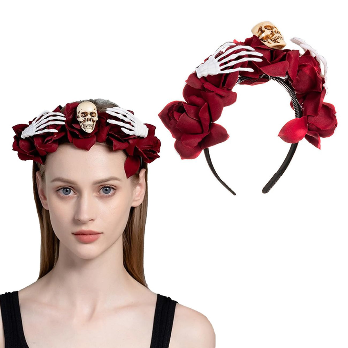 Day of The Dead Headband Halloween Rose Flower Crown Headdress Mexican Floral Skull Headwear Gothic Bride Veil with Black Flowers Spider Headpiece Fancy Dress Hair Accessory for Cosplay Festival