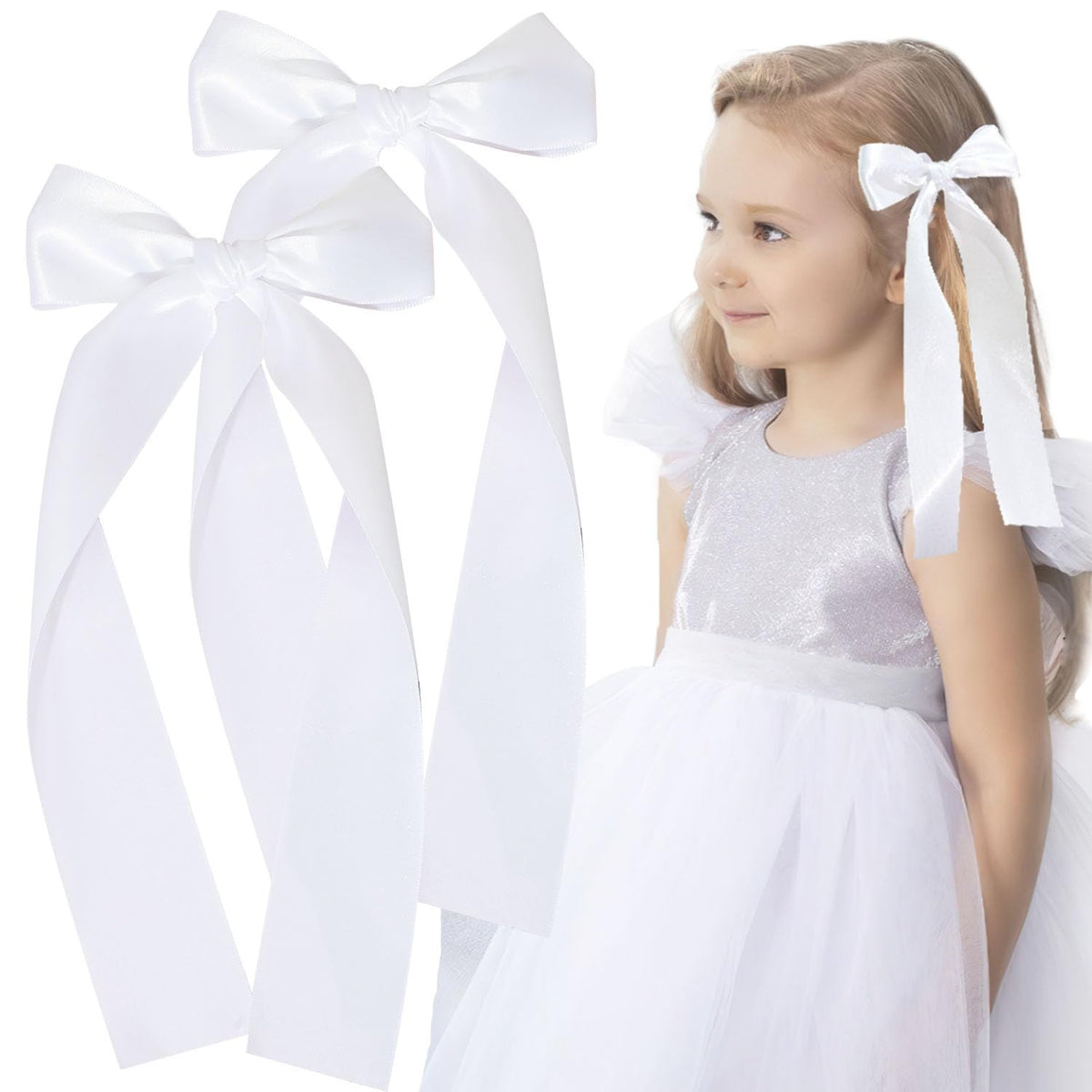 2PCS Silky Satin Hair Bows White Long Ribbon Hair Clips for Girls, Alligator Clips Hair Bows Hair Accessories for Girls Toddlers Teens Kids (White)