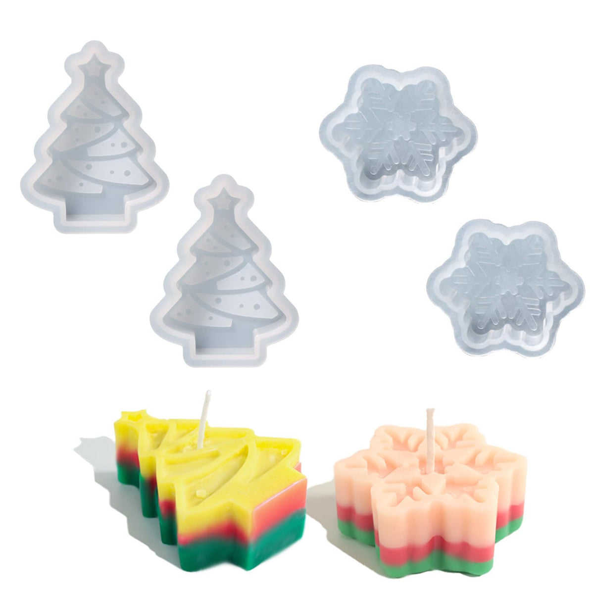 Pack of 4 Snowflake Candle Moulds, Christmas Tree Mould, Christmas Candle Mould, 3D Snowflake DIY Resin Moulds, 3D Christmas Tree Resin Mould, Snowflakes and Christmas Tree Styles, for Christmas