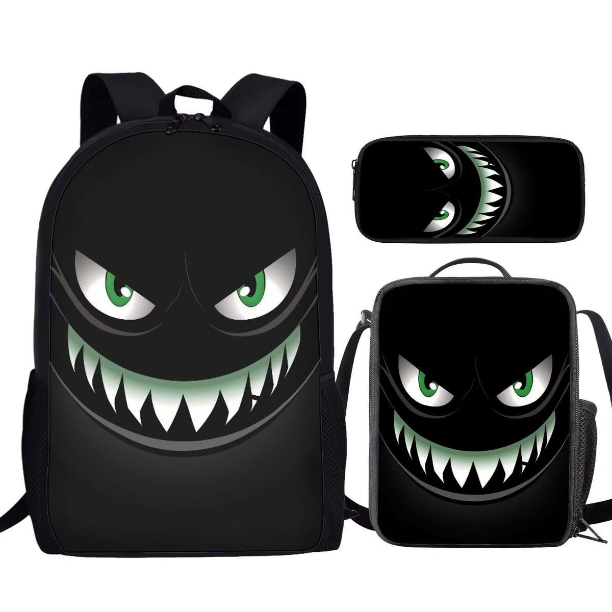 TSOVTHRID 3PCS Green Eyes Monster Print Boys Girls Schoolbag Set for School Travel Backpack Heavy Duty Knapsack Rucksack Lunch Bag Pencil Case