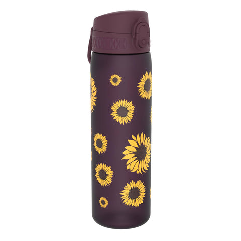 ION8 500ml Water Bottle, BPA Free, Leakproof, Dishwasher Safe, Easy Open, Secure Lock, Clear Drinks Bottle for Boys & Girls, Small Gym Sports Drinking Water Bottle 500ml, Purple, Sunflowers Design