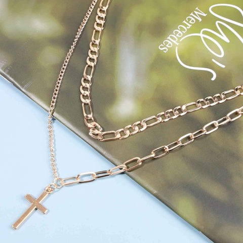 Yheakne Vintage Layered Cross Necklace Choker Gold Cross Pendant Necklace Figaro Chain Necklace Layering Chunky Chain Choker Necklace Religious Jewelry for Women and Girls