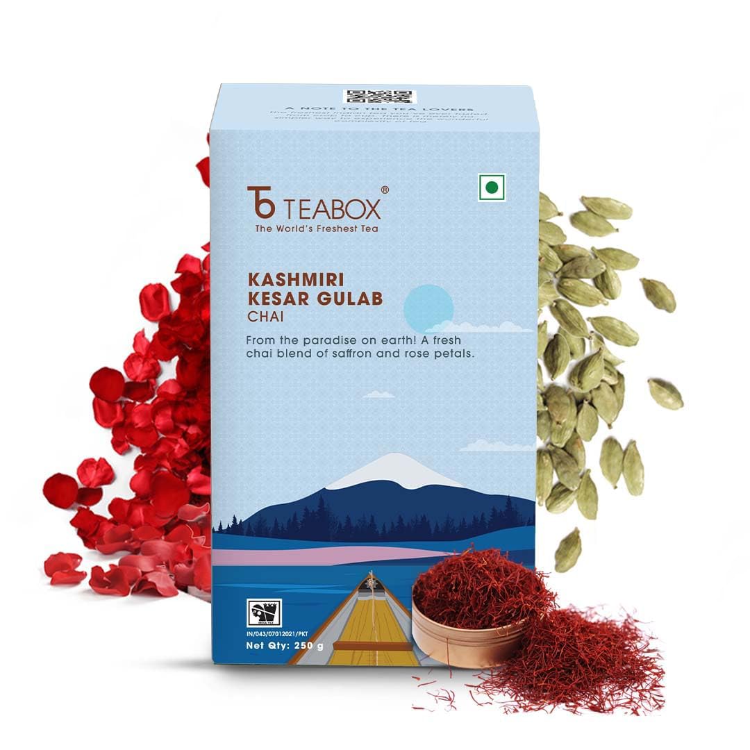 Teabox Kashmiri Kesar Gulab Masala Chai 250 Grams | From The Everlasting Beauty Of The Kashmir Valley | Tea Mixed With The World's Rarest Saffron & Light Scented Roses