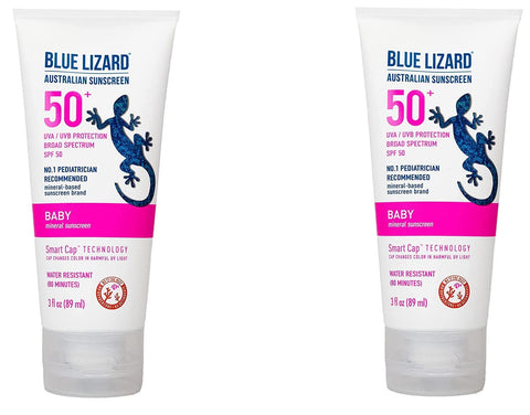 BLUE LIZARD Baby Mineral Sunscreen with Zinc Oxide, SPF 50+, Water Resistant, UVA/UVB Protection with Smart Cap Technology - Fragrance Free, 3 Ounce Tube (Pack of 2)