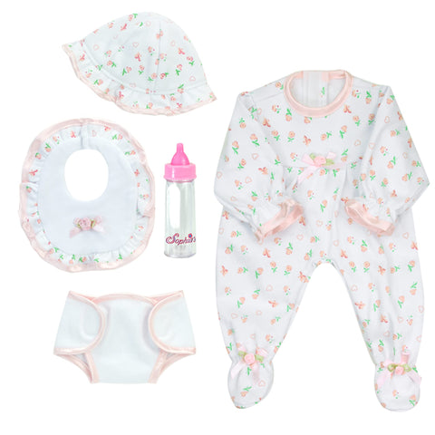 Sophia's 5 Piece Floral Print Sleeper, Bib, Hat, Diaper and Bottle Set for 15'' Dolls, White/Pink
