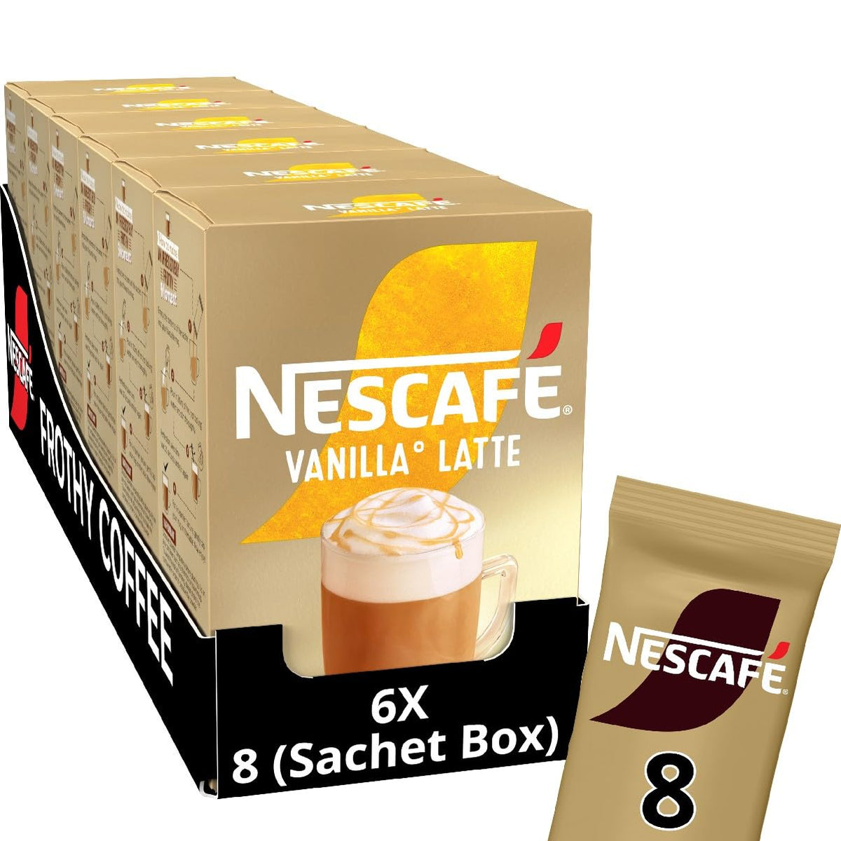 NESCAFÉ Vanilla Latte Instant Coffee 8 x 18.5g Sachets, 100% Responsibly Sourced Coffee (Pack of 6)