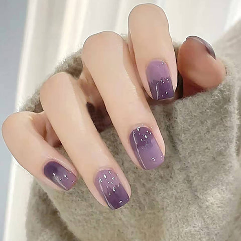 24 Pcs Press On Nails Short, Almond Glue On Nails, Full Cover Gradient Purple Square Press On Nails Art Manicure Decoration Fake Nails Acrylic Nails for Women And Girls