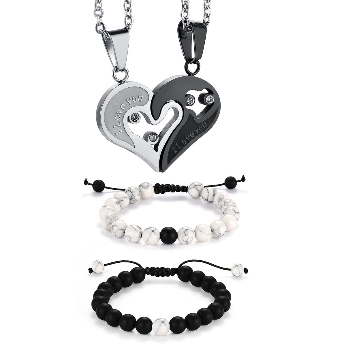 Flongo Heart Matching Pendant Couple Pendant Necklace Bracelet Sets for Men Women Half Heart Necklace Buddha Bracelets Natural Stone Sets