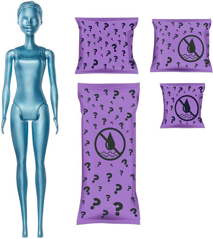 Barbie Color Reveal Doll with 7 Surprises: 4 Mystery Bags Contain Surprise Wig, Skirt, Shoes & Sponge; Water Reveals Metallic Blue DollÃƒÆ’Ã‚Â¢ÃƒÂ¢Ã¢â‚¬Å¡Ã‚Â¬ÃƒÂ¢Ã¢â‚¬Å¾Ã‚Â¢s Look & Creates Color Change on Face & Wig