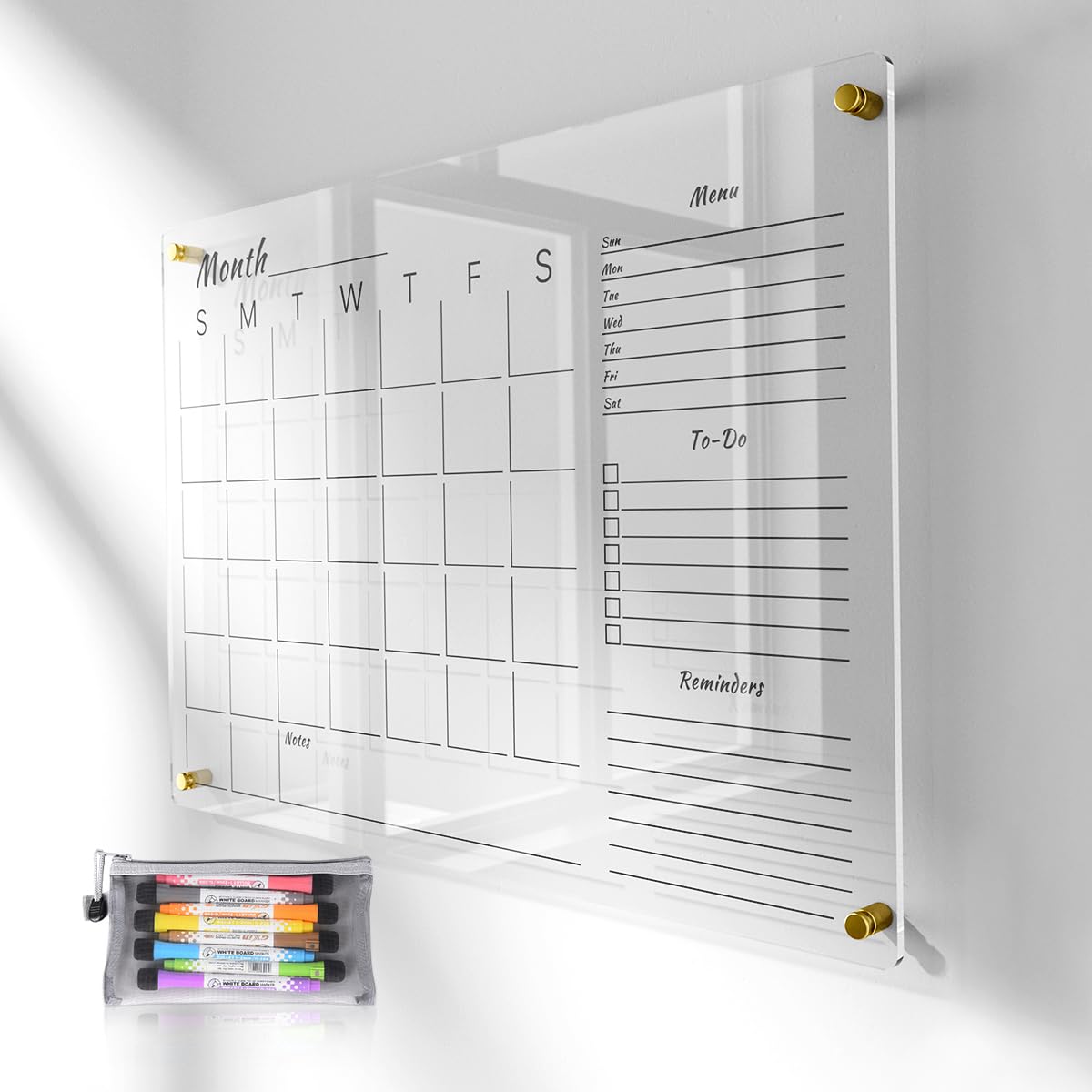 28x20" Clear Acrylic Wall Calendar with Dry Erase Surface, Large Monthly Planner Board, Includes Vibrant Markers, Eraser, Multi-Color Mounting Screws, & Easy Install Kit - Perfect for Home & Office