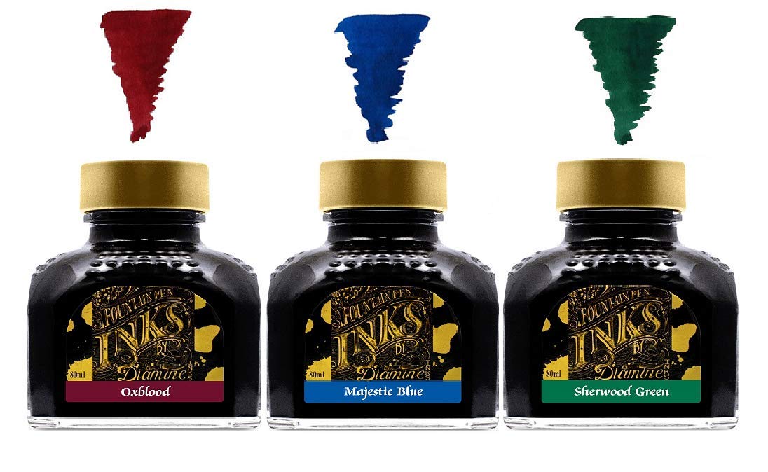 Diamine - 80ml Fountain Pen Primary Colour Ink Set - Oxblood & Majestic Blue & Sherwood Green