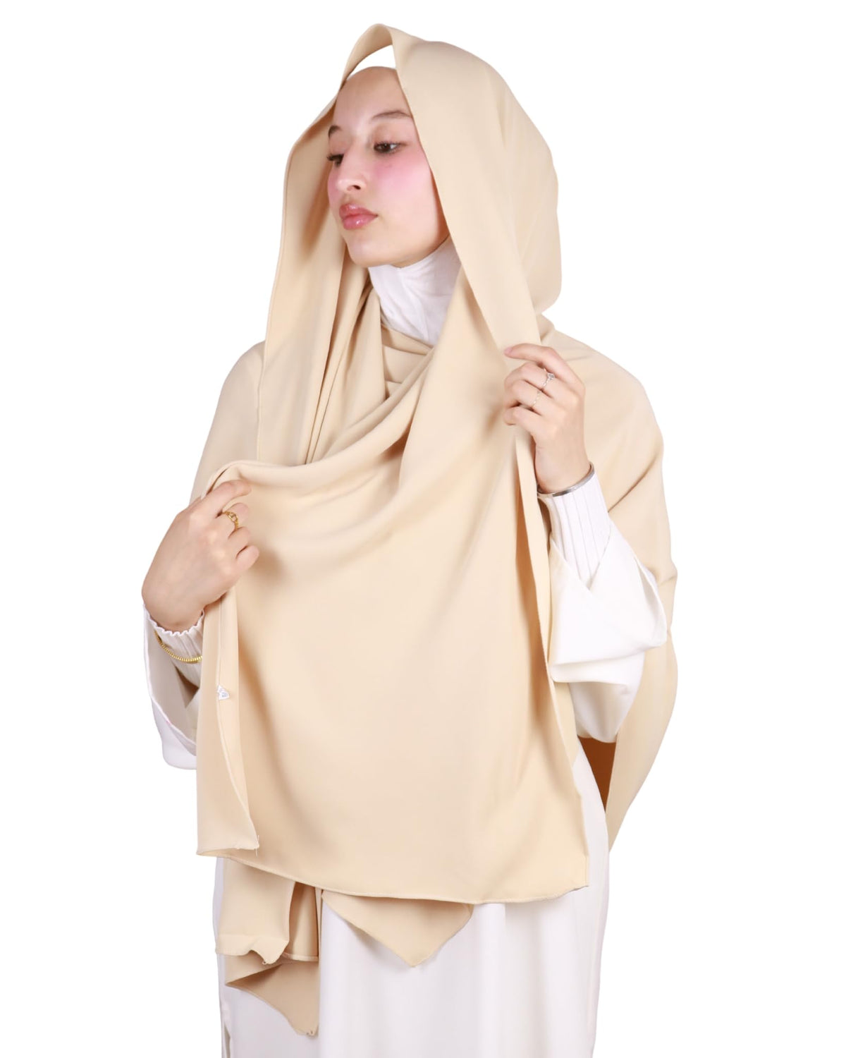 Lamis Hijab Khimar with Tied Hijab Thick Crepe Muslim Women Veiled KH400, Light Beige, One size