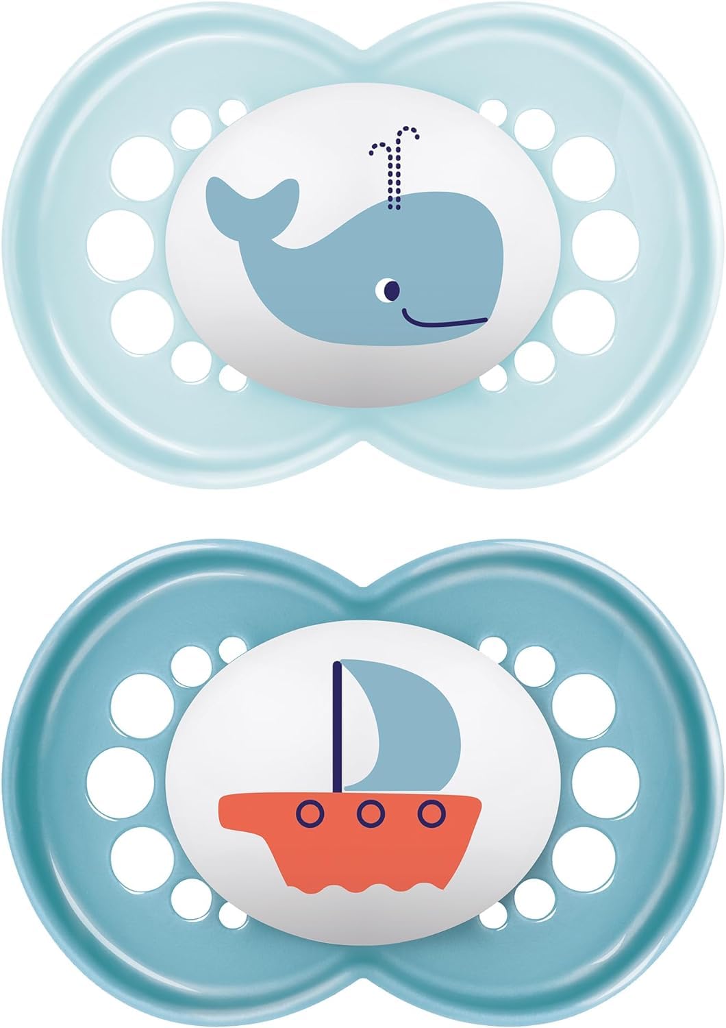MAM Original Soothers 12+ Months (Pack of 2), Baby Soothers with Self Sterilising Travel Case, Newborn Essentials, White (Designs May Vary)