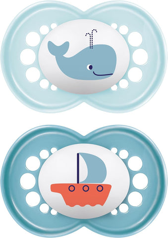 MAM Original Soothers 12+ Months (Pack of 2), Baby Soothers with Self Sterilising Travel Case, Newborn Essentials, White (Designs May Vary)