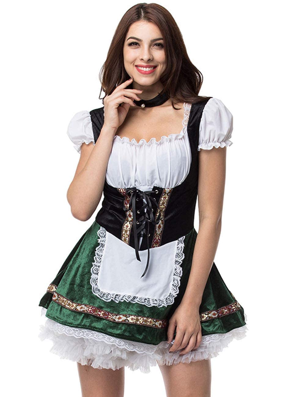 GRAJTCIN Oktoberfest Costumes Women German Bavarian Dirndl Dress Velvet Beer Maid Halloween Last Minutes Costume Adult (M, Green)