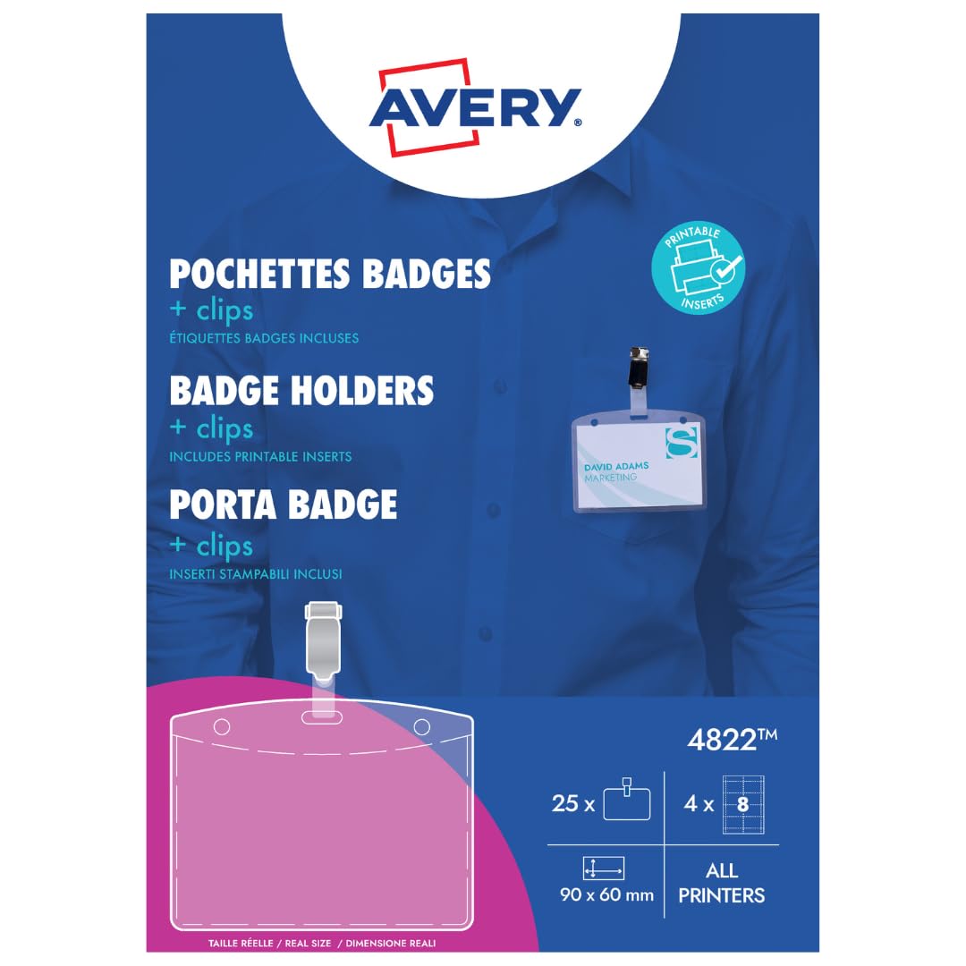 Avery 4832 Clip Badge Holders with Printable Name Inserts (90 x 60 mm Badges) - White, Pack of 25