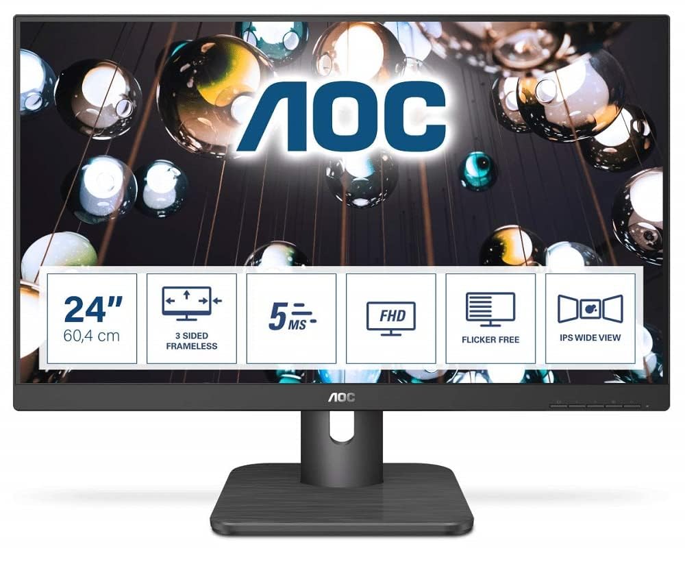 AOC 24E1Q - 24" FHD Monitor, 60Hz, 5ms, IPS, Speakers, FlickerFree, frameless Design (1920x1080 @ 60Hz, 250cd/mÂ², HDMI/VGA/DP), Black