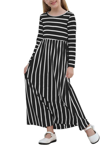 GORLYA Girl's Long Sleeve Floral Print Loose Casual Holiday Long Maxi Dress with Pockets 4-12 Years (11-12Years/Height:150cm, Black Stripe)