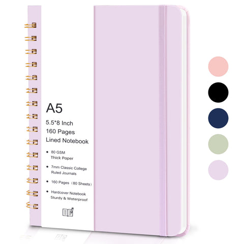 EOOUT Lined Spiral Journal Notebook, 160 Pages, A5 5.5 x 8 inches 80 GSM College Ruled Hardcover Notebook, Double-Wire Spiral Journal Notebook for Writing(Purple)