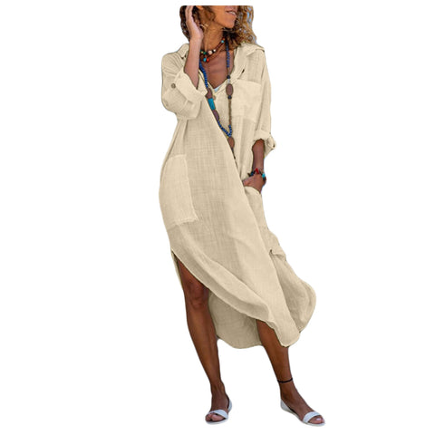 Letuwj Long shirt dresses women button open loose breathable shirt cotton linen Khaki3XL