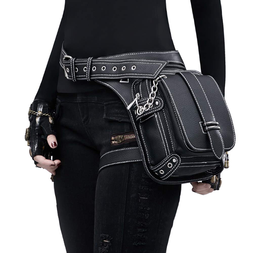 FiveloveTwo® Men Women Leather Multi-functional Tactical Drop Leg Waist Bag Pack Hiking Camping Trekking Cycling Hip Belt Fanny Messenger Bag Black