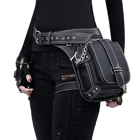 FiveloveTwo® Men Women Leather Multi-functional Tactical Drop Leg Waist Bag Pack Hiking Camping Trekking Cycling Hip Belt Fanny Messenger Bag Black