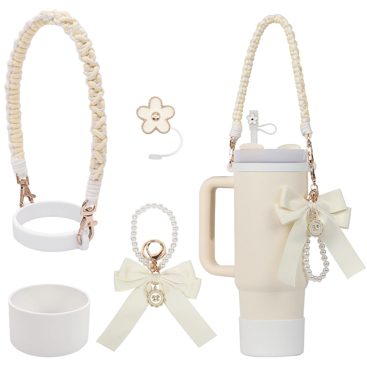 BELSITA Stanley Cup Accessories Set, Bow Pearl Chain Braided Design Water Bottle Handle Strap, Silicone Stanley Cup Boot, Stanley Charms for Stanley Cup 30/40oz Tumble (Apricot)