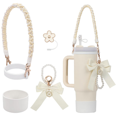 BELSITA Stanley Cup Accessories Set, Bow Pearl Chain Braided Design Water Bottle Handle Strap, Silicone Stanley Cup Boot, Stanley Charms for Stanley Cup 30/40oz Tumble (Apricot)