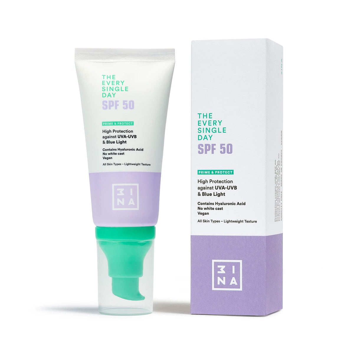 3INA MAKEUP - The Every Single Day SPF50 - Sunscreen SPF 50 Face Moisturiser Vegan with Hyaluronic Acid - Sun Cream Protection Against UVA-UVB rays & Blue Light - SPF Face Cream - Vegan - Cruelty Free