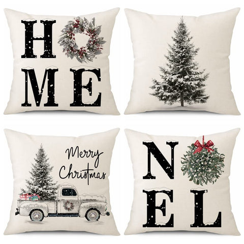 Sungeek Set of 4 Cushion Covers 50 x 50cm, Merry Christmas Winter Holiday Throw Pillow Cases Christmas Tree with Truck Linen Home Decorative Sofa Pillow Covers